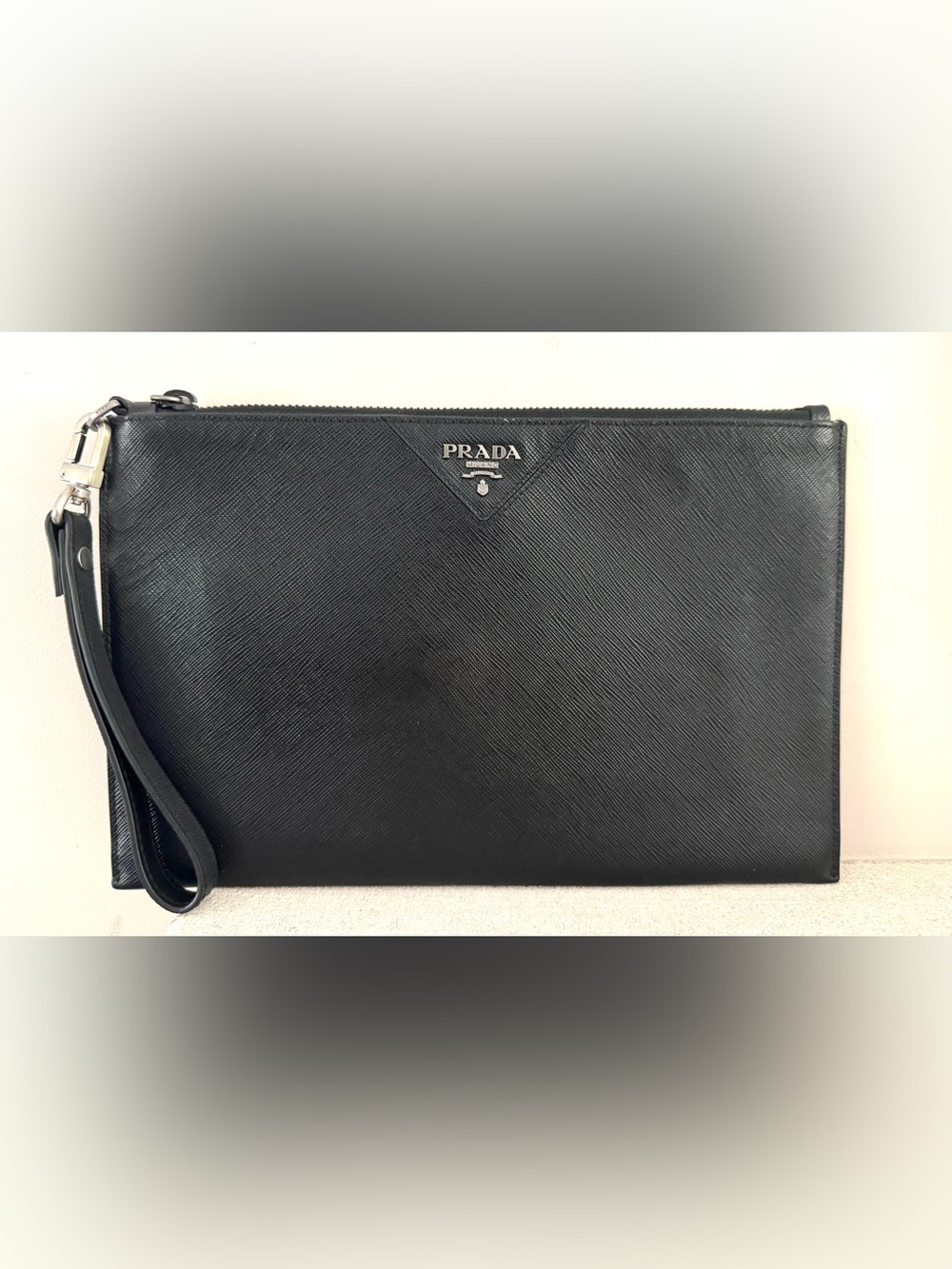 PRADA Black Saffiano Leather Wristlet Clutch Document Pouch Unisex
